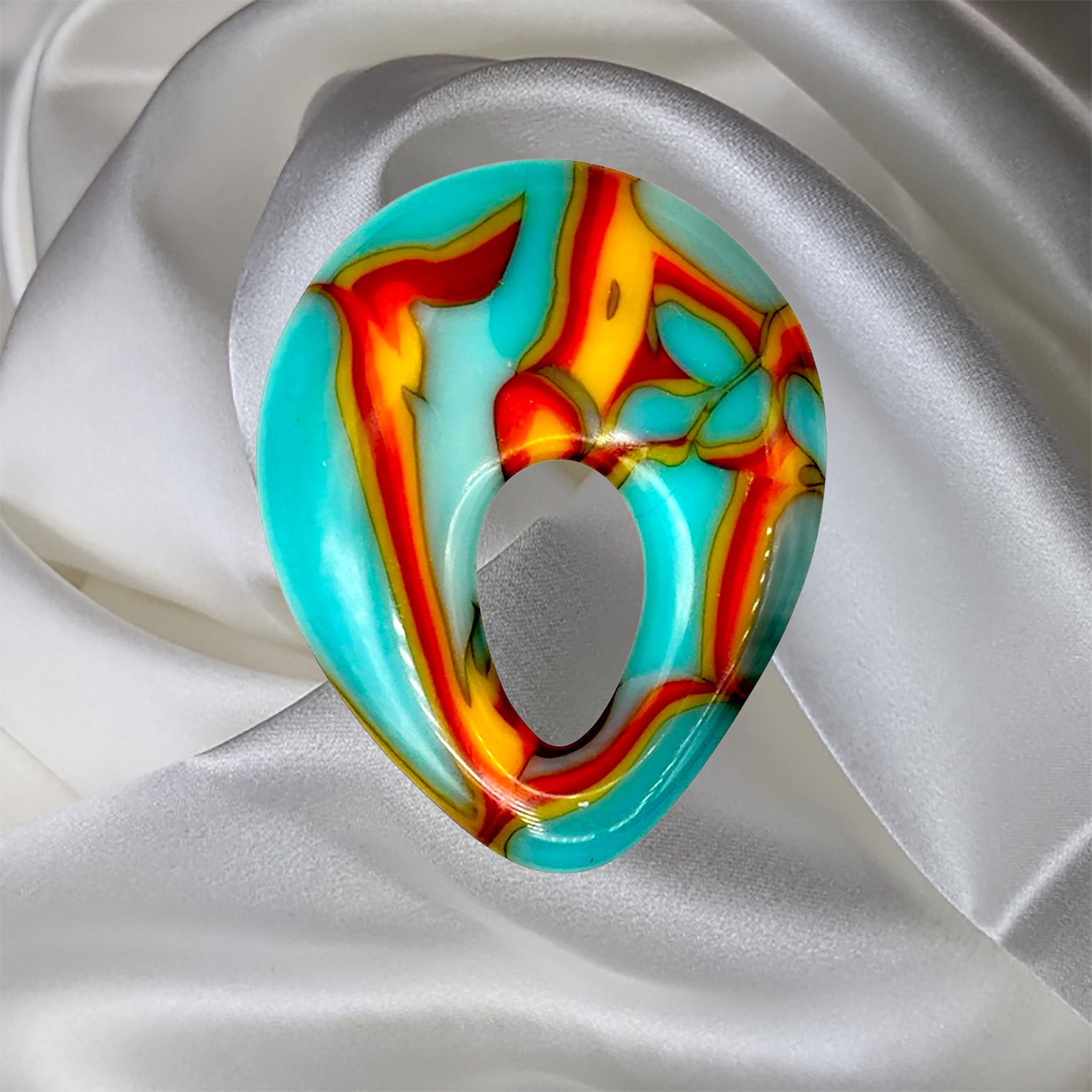 Aqua Blue-Red--Yellow Fused Glass Eyeglass Holder / Scarf Magnet | Lapel Pin | Brooch