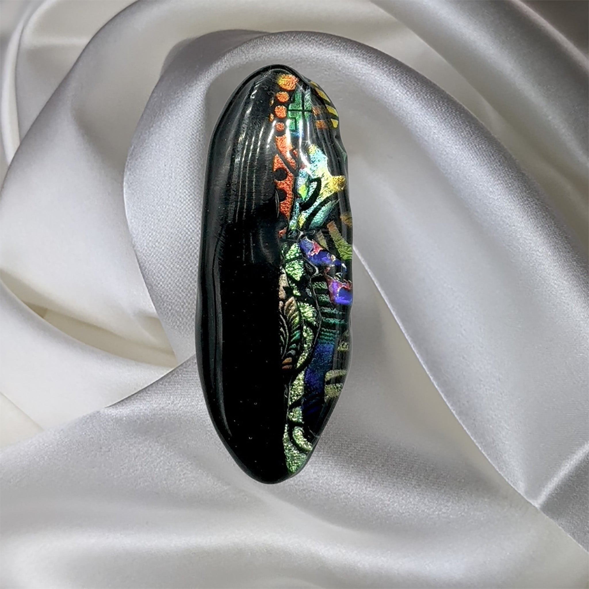Multicolor Black Oval Fused Glass Scarf Magnet | Lapel Pin | Brooch