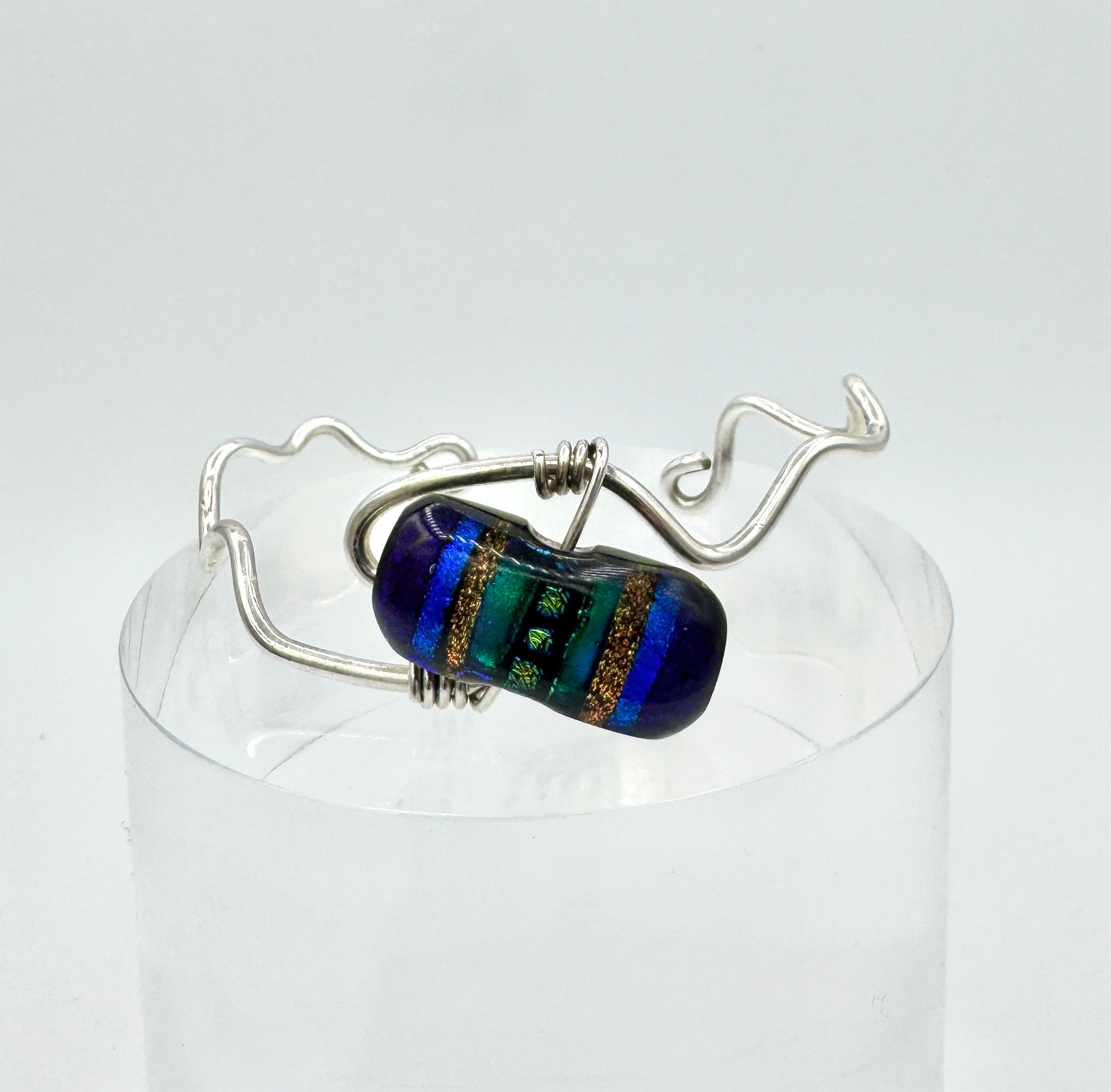 Amazing Rectangle Blue, Gold, Green, Dichroic Glass Fused Bracelet with Sterling Silver Wrap