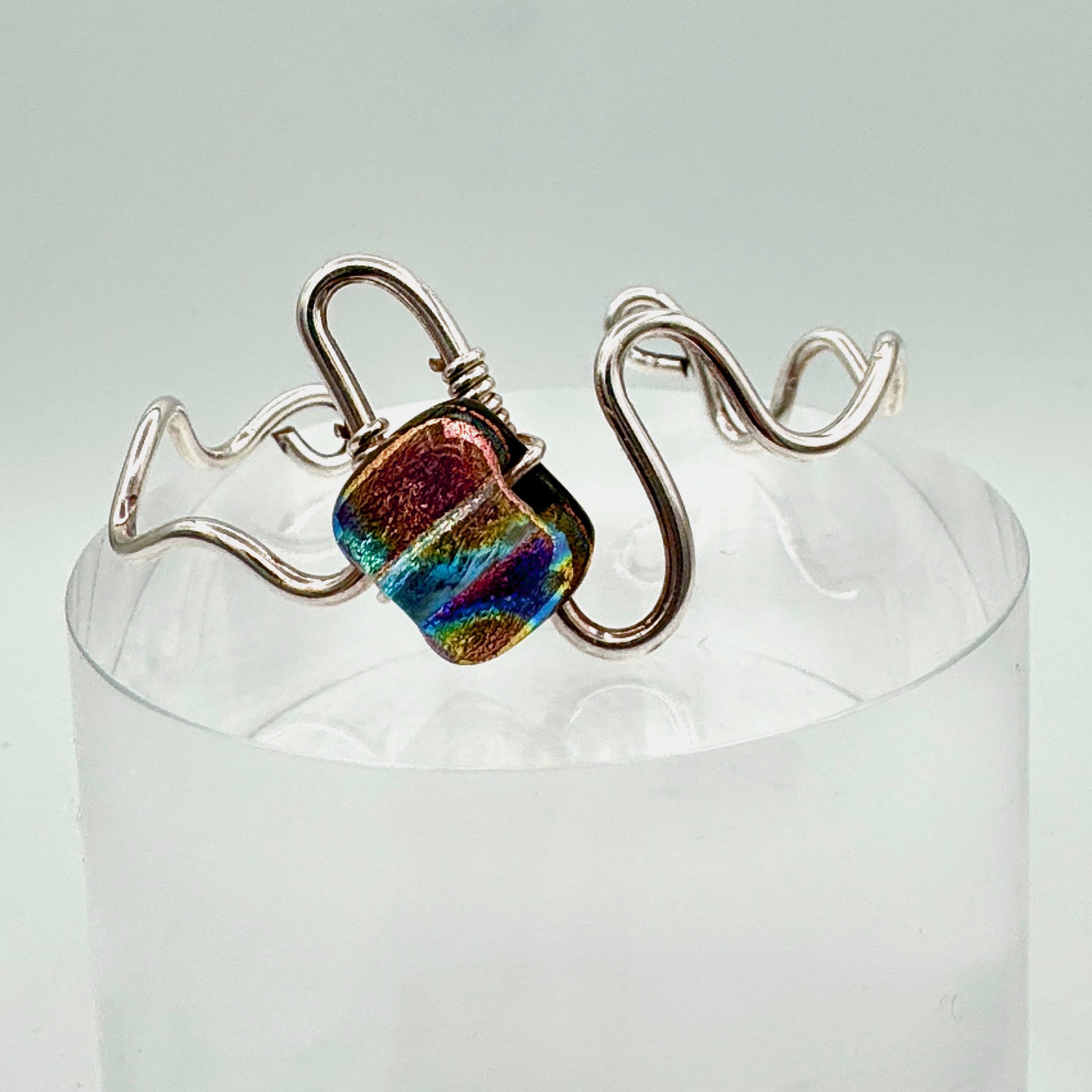 Splendid Square Multicolor, Blue, Pink, Dichroic Glass Fused Bracelet with Sterling Silver Wrap