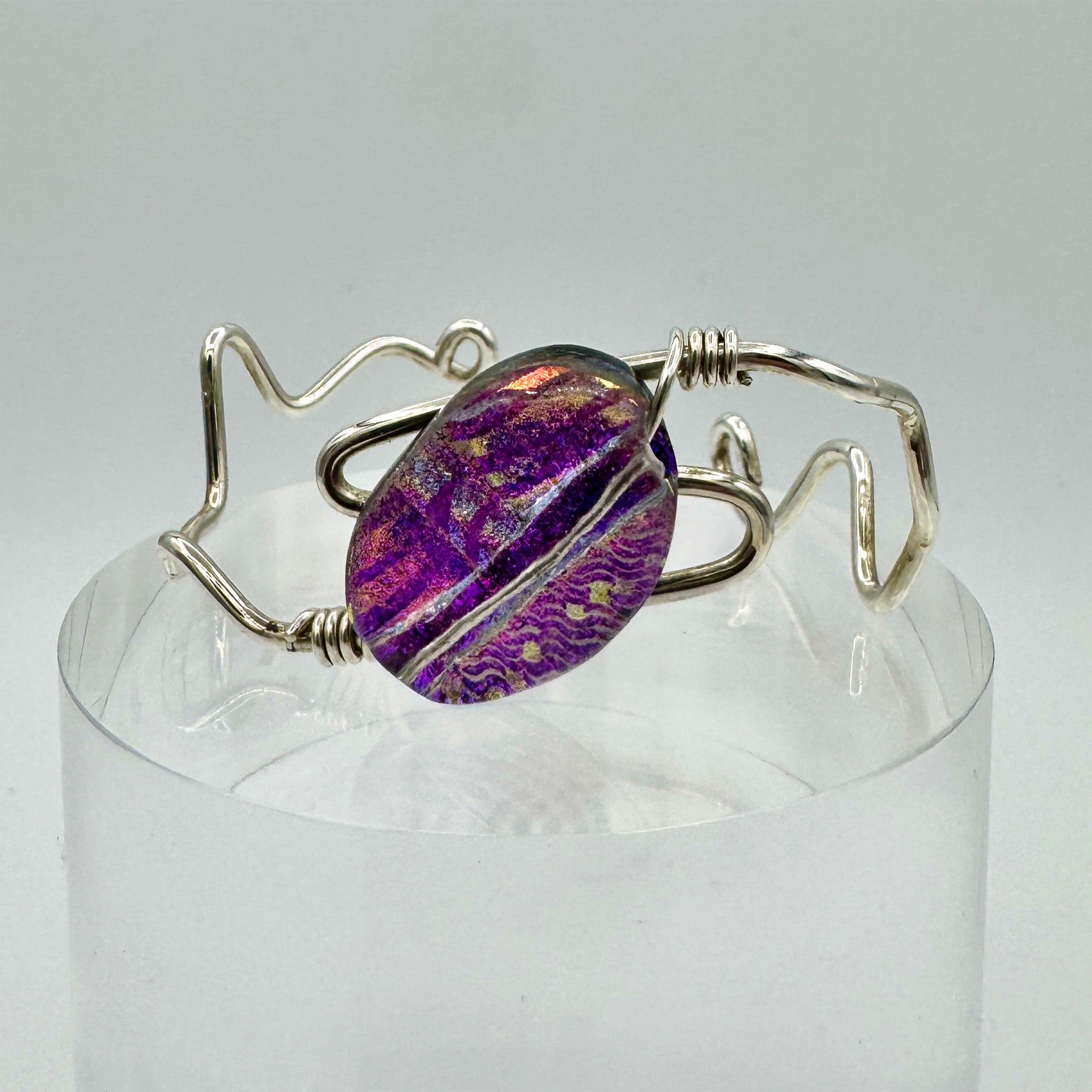 Enchanting Oval Pink, Purple, Gold, Dichroic Glass Fused Bracelet with Sterling Silver Wrap