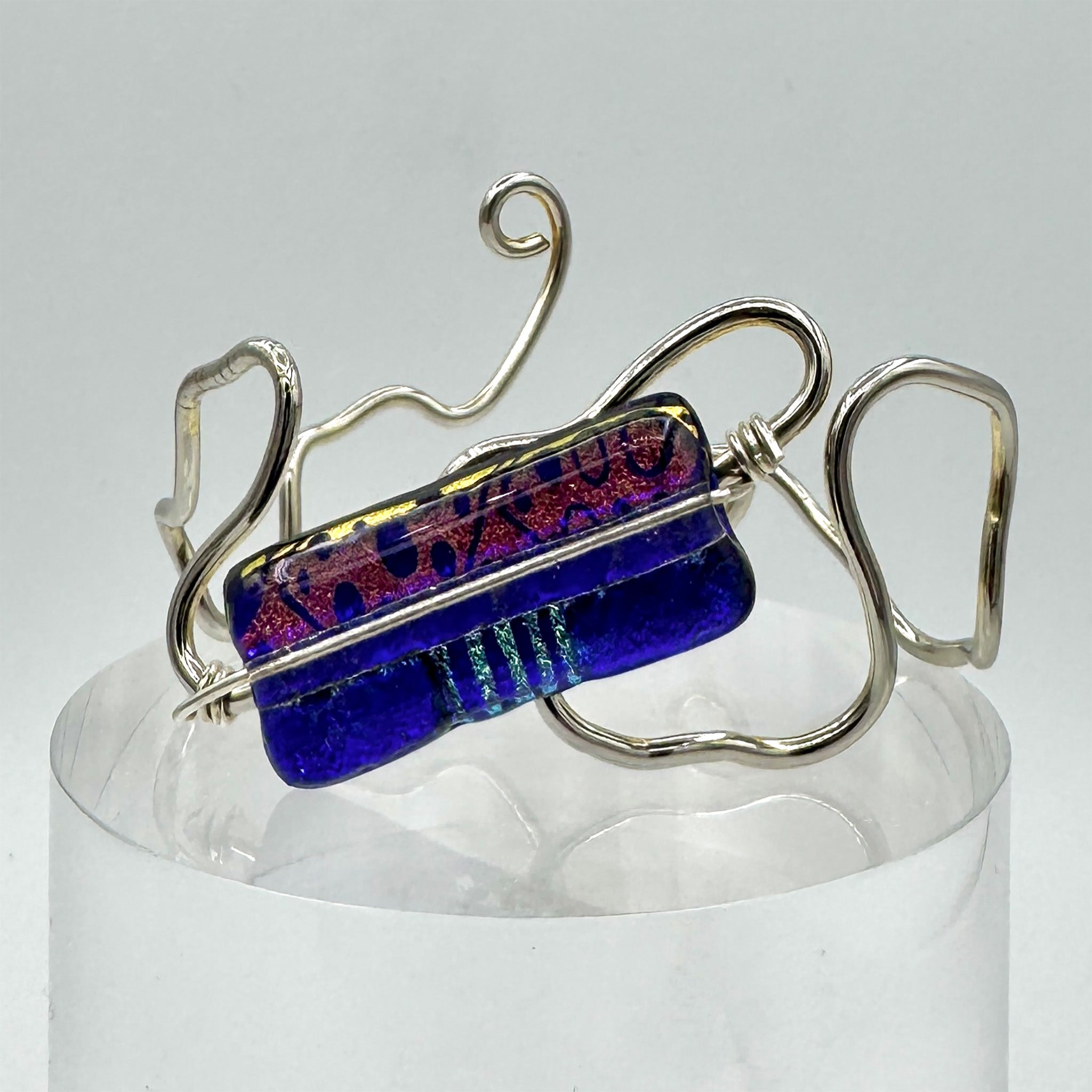Splendid Red, Blue, Black, Dichroic Glass Fused Bracelet with Sterling Silver Wrap