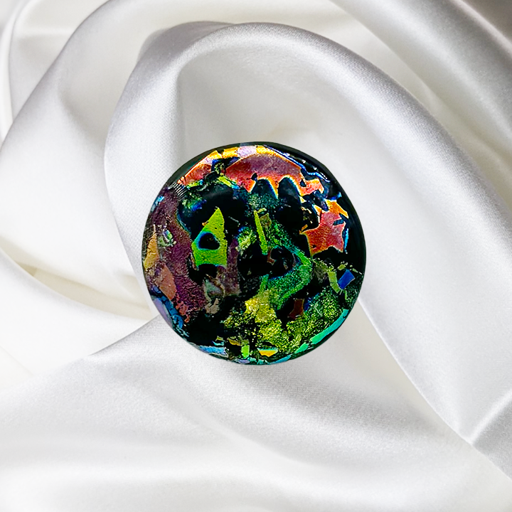 Copper, Green-Dichroic Fused Glass Round Scarf Magnet | Lapel Pin | Brooch