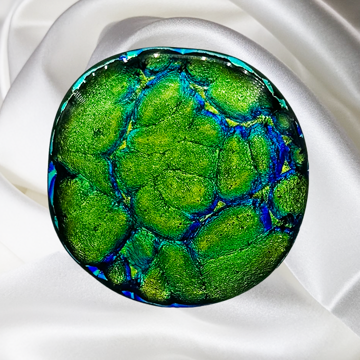 Green-Electric Blue-Dichroic Fused Glass Round Scarf Magnet | Lapel Pin | Brooch