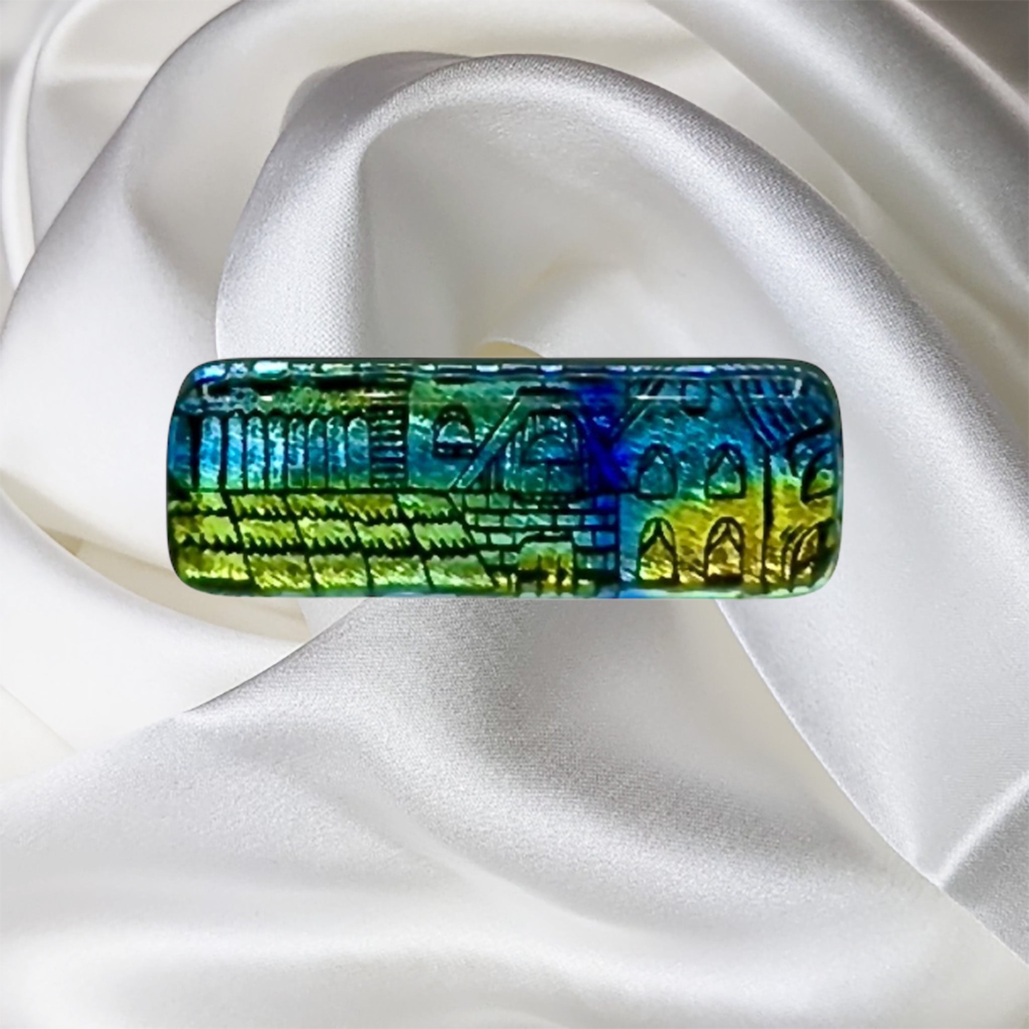 Green-Blue-Gold Village Pattern Fused Glass Scarf Magnet | Lapel Pin | Brooch