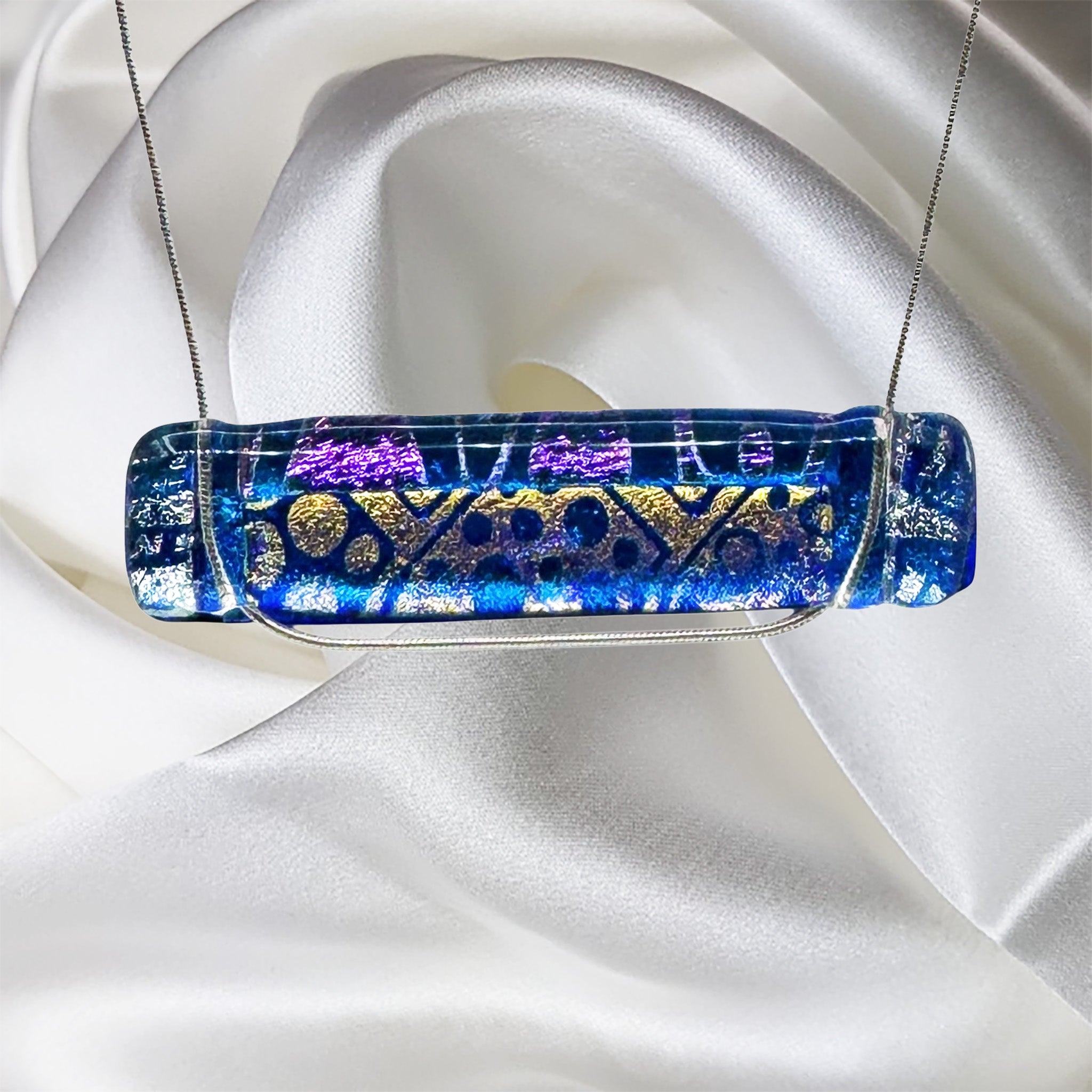 Stunning Rectangle Blue, Gold, Pink, Dichroic Glass Fused Necklace with Sterling Silver Chain