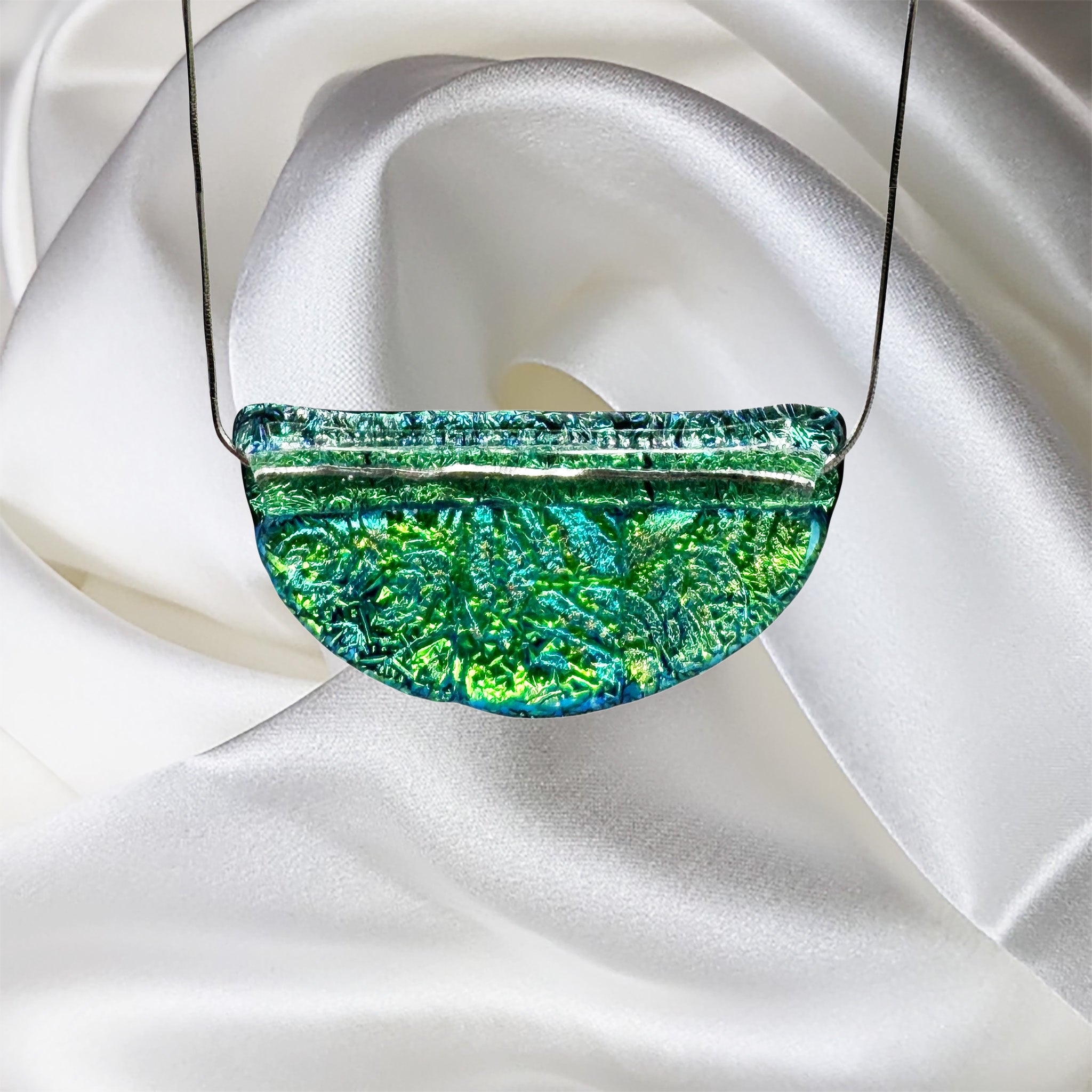 Brilliant Half Moon Green, Yellow, Dichroic Glass Fused Necklace with Sterling Silver Chain