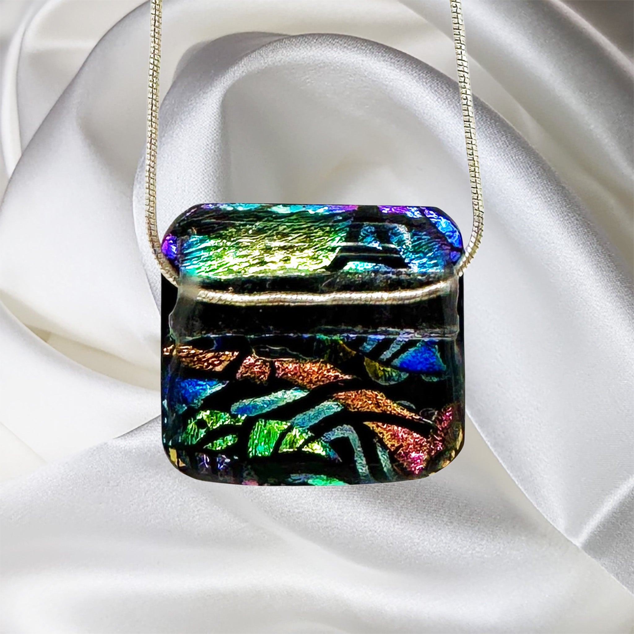 Striking Square Multicolor, Green, Copper, Blue, Dichroic Glass Fused Necklace with Sterling Silver Chain