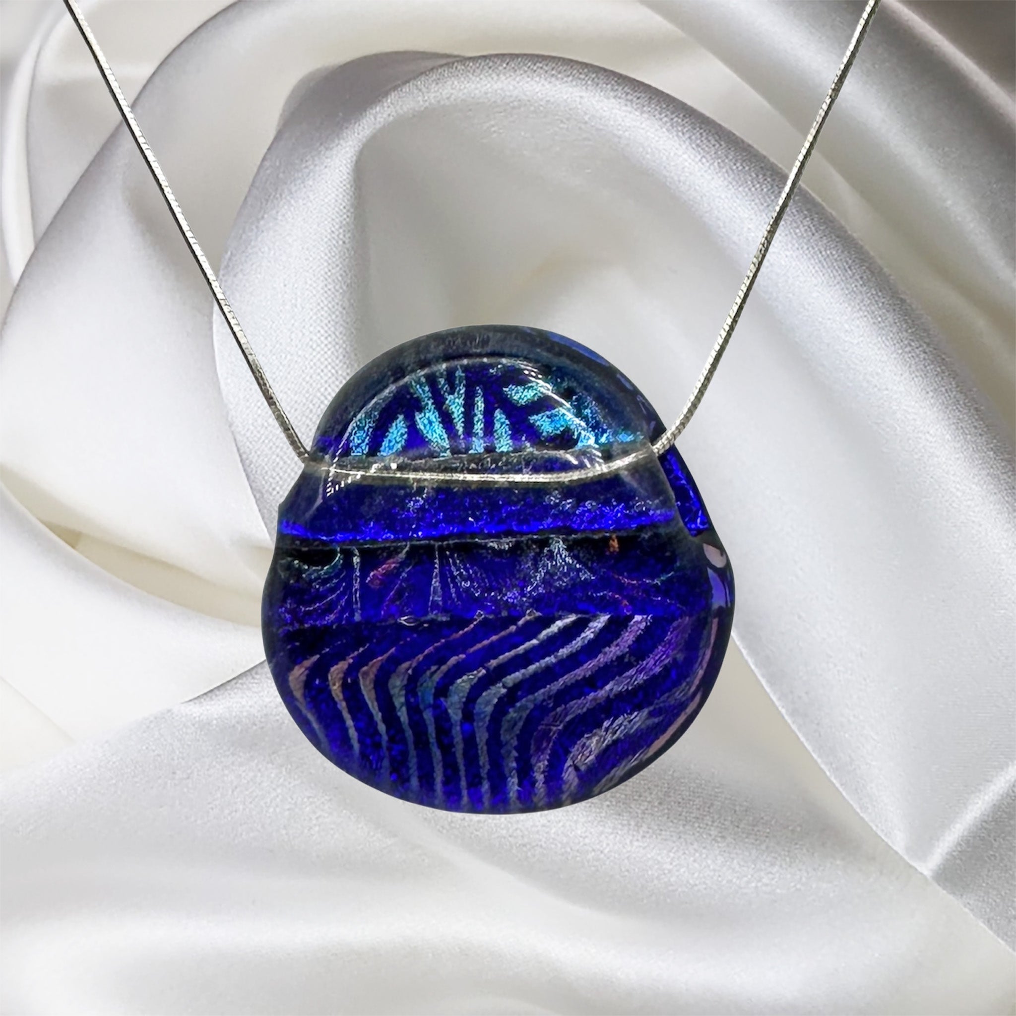 Fabulous Raindrop, Purple, Blue, Dichroic Glass Fused Necklace with Sterling Silver Chain