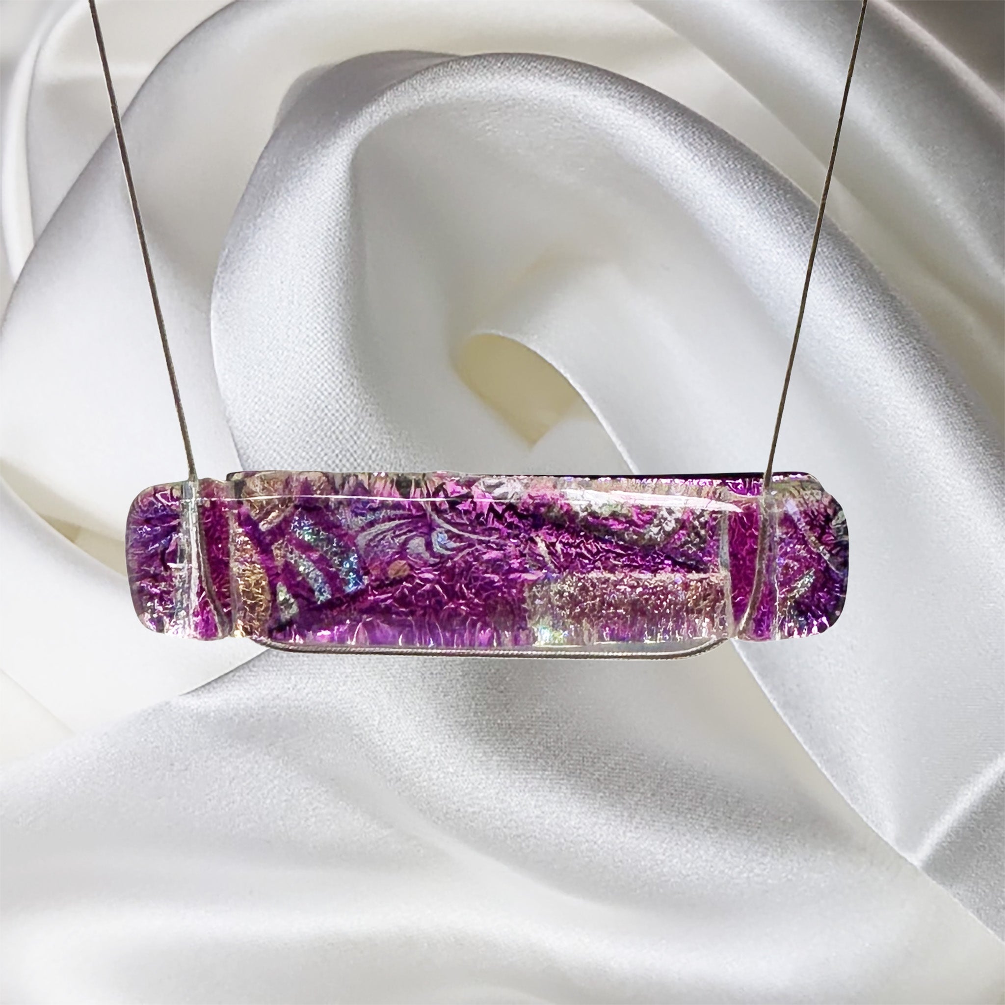 Stunning Rectangle Pink, Gold, Blue, Dichroic Glass Fused Necklace with Sterling Silver Chain