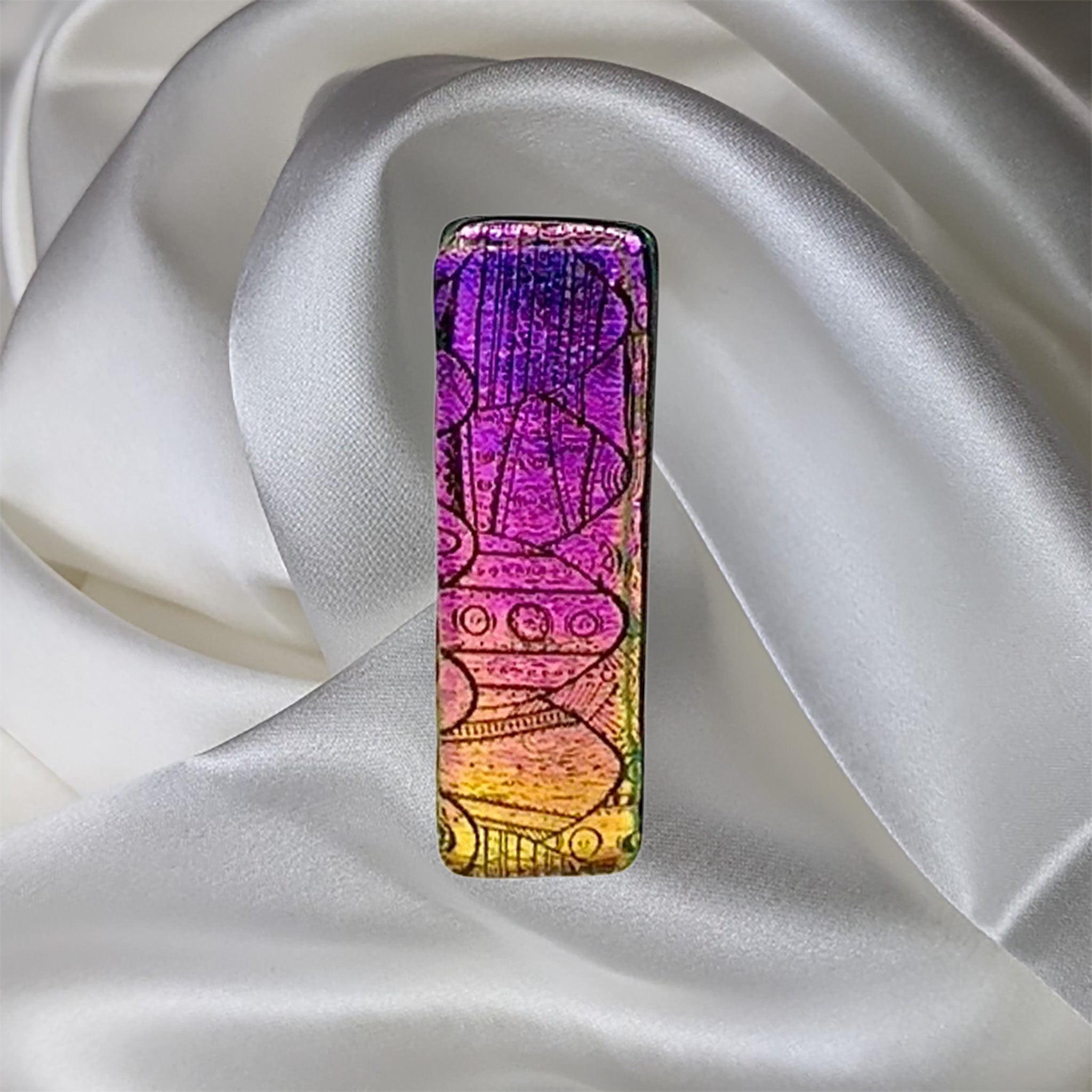 Purple-Pink-Yellow Pattern Rectangle Fused Glass Scarf Magnet | Lapel Pin | Brooch